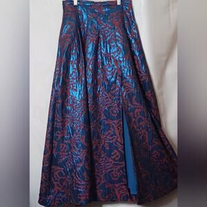 Maeve Anthropologie Red and Blue Metallic Pleated Maxi Skirt. Size 4